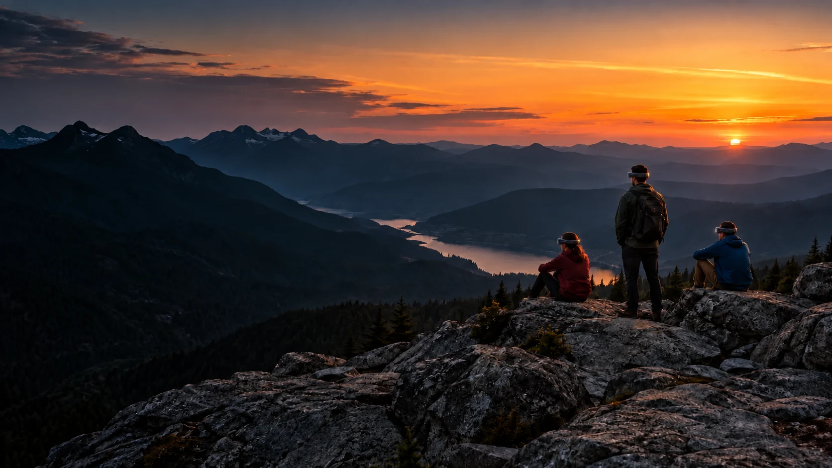 Escena generada de personas contemplando desde una cima las montañas al atardecer; no representa miembros reales del proyecto.