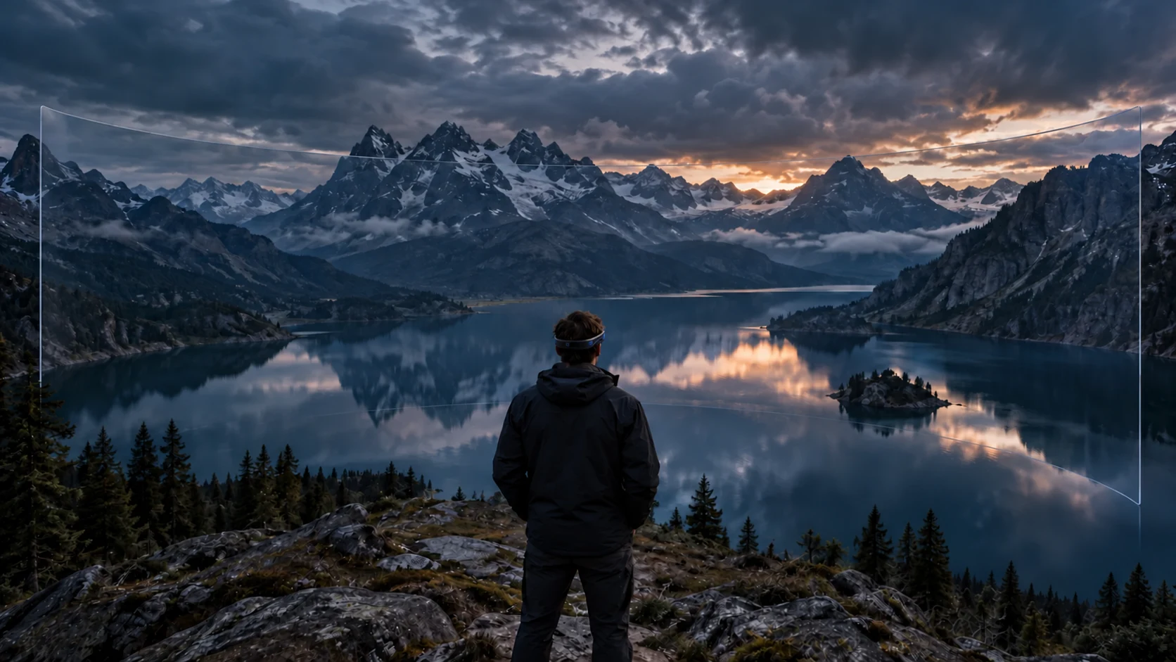 Escena conceptual generada: una persona ante un lago de montaña y un campo de visión panorámico transparente.